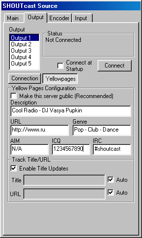 SHOUTcast Source -> Output -> Yellowpages